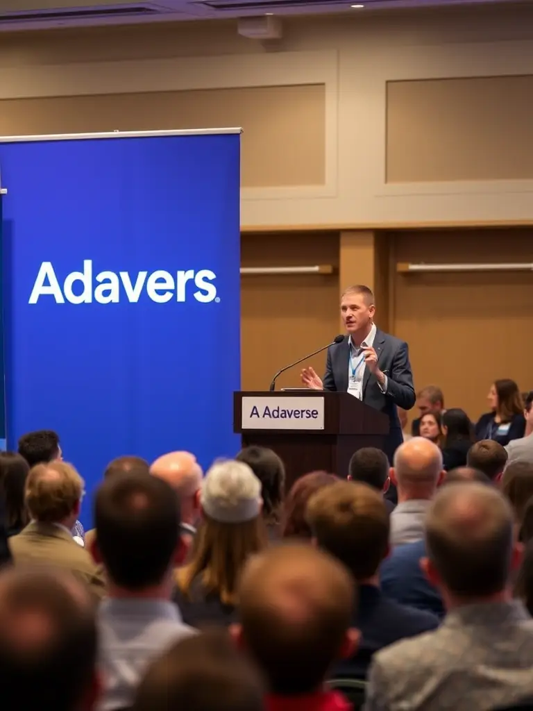 A partner company representative speaking at an industry conference, with the Adaverse logo displayed prominently, showcasing networking and visibility opportunities.