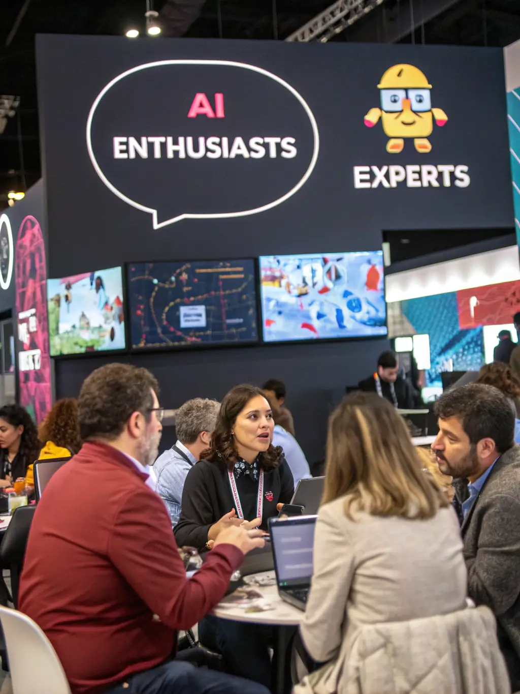 A group of AI experts brainstorming and developing solutions for healthcare, marketing, and cybersecurity, highlighting collaborative innovation.