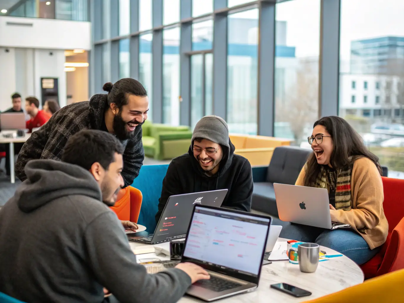 A heartwarming image of volunteers using AI technology to assist a community in need, illustrating a philanthropic partnership with Adaverse.