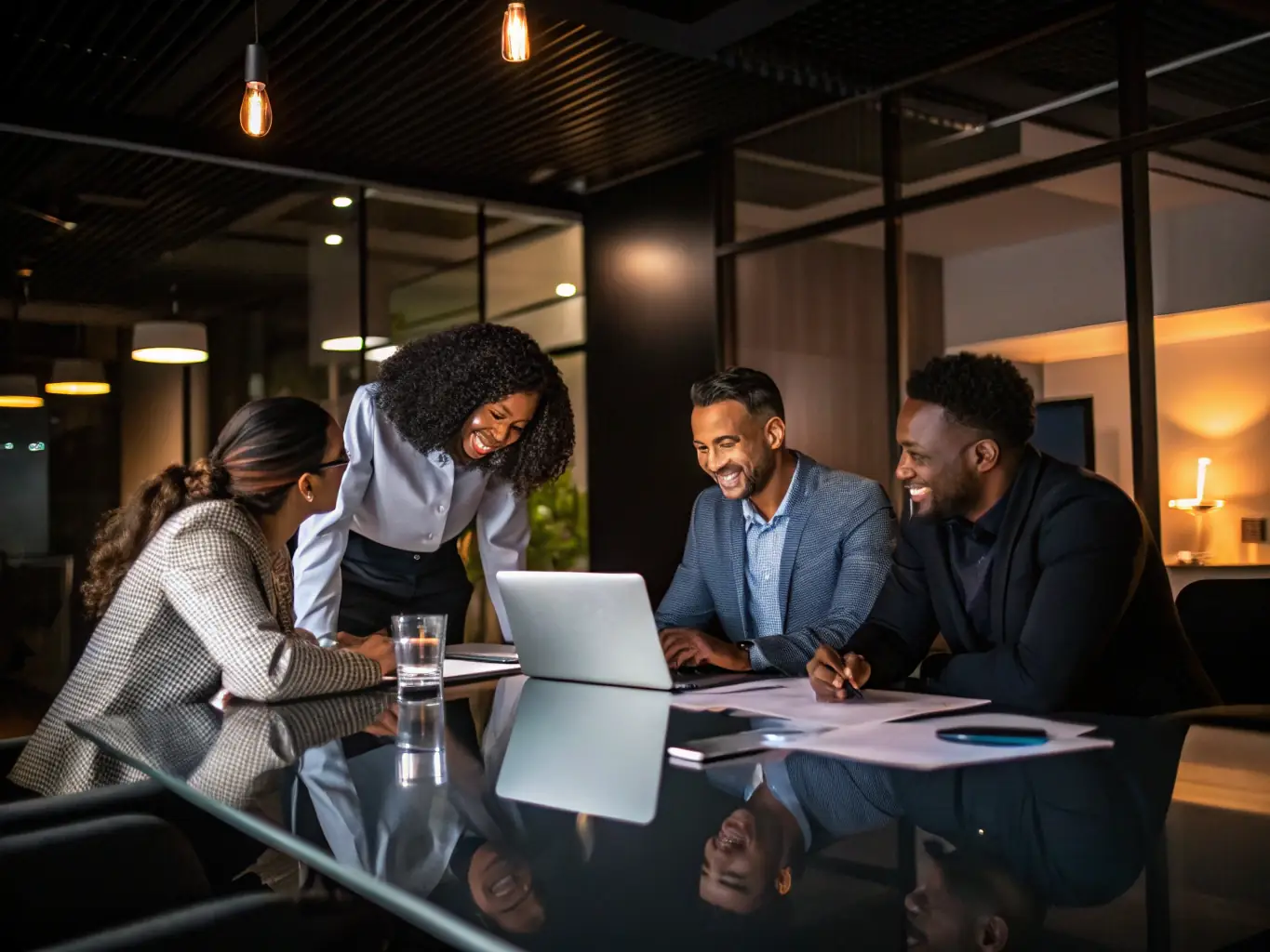 A professional photograph depicting a diverse group of business executives collaborating in a modern office setting, symbolizing a corporate partnership with Adaverse.