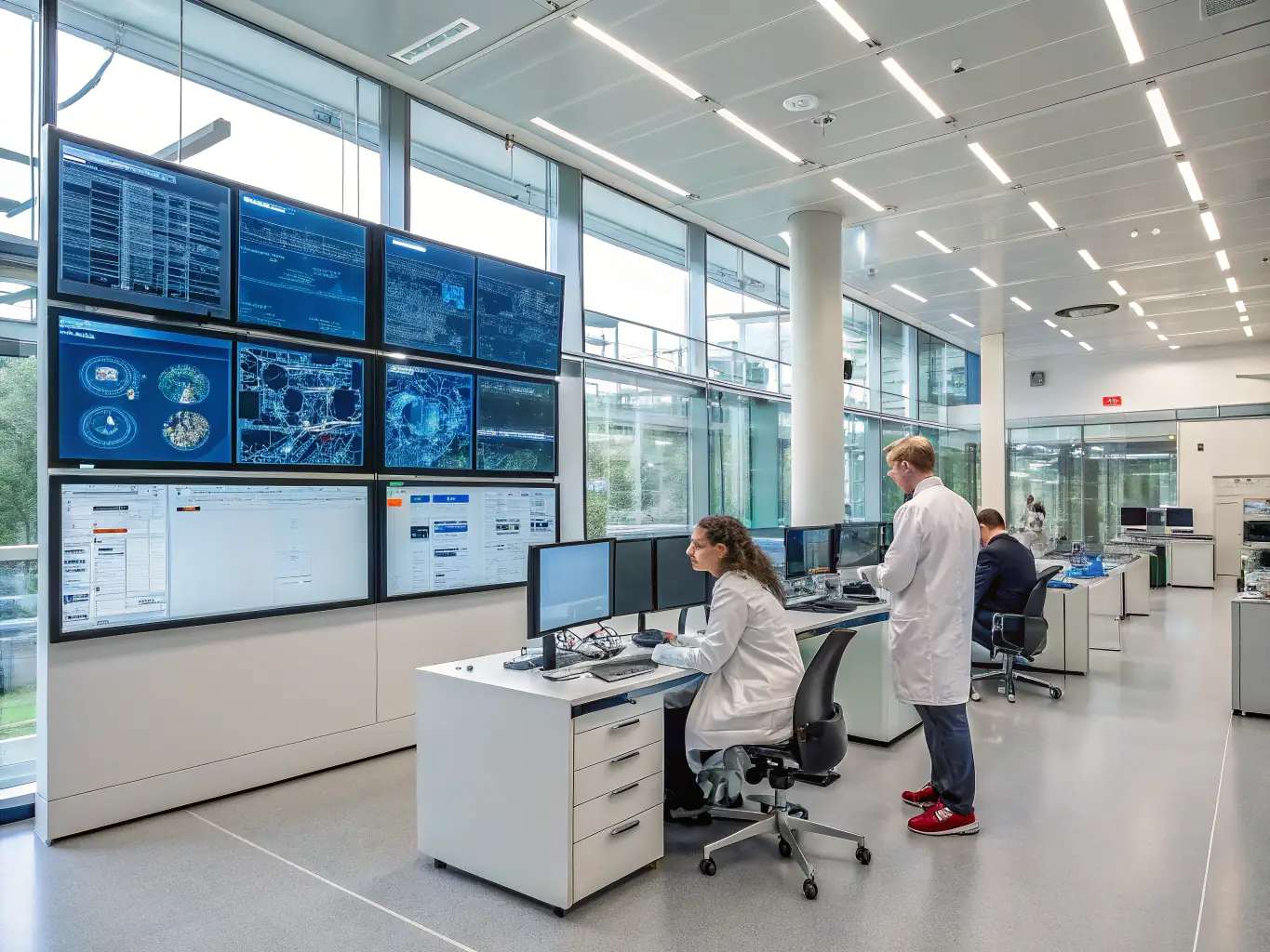 A photograph of university researchers working in a lab with advanced AI equipment, representing a research partnership with Adaverse.