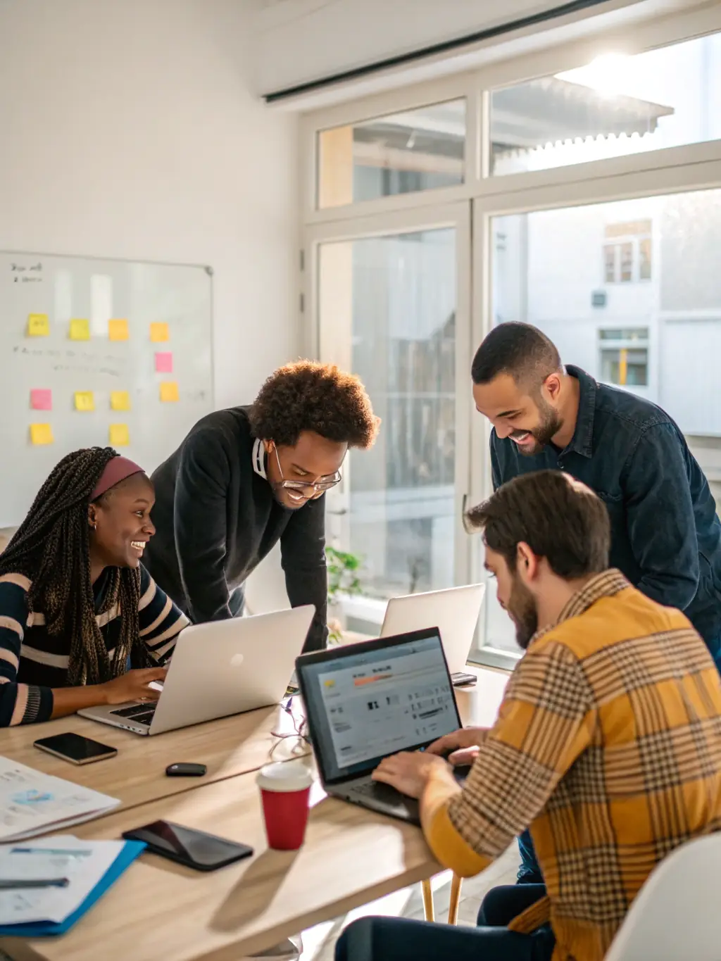 A diverse team of AI specialists collaborating on a project in a modern, sunlit office, emphasizing innovation and teamwork.